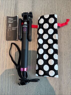 Mpow Black and Pink Selfie Stick with Polka Dot Carry Pouch